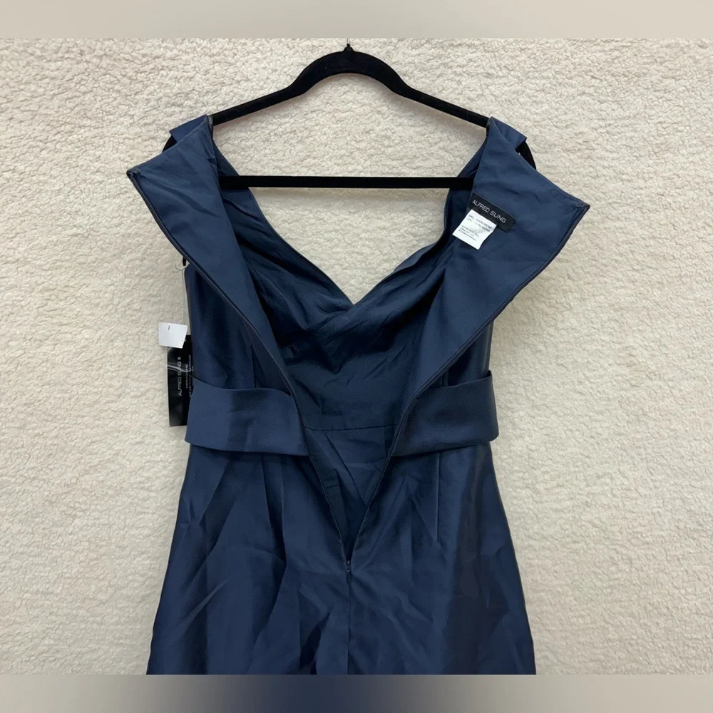 ALFRED SUNG Off-the-Shoulder Draped Satin Maxi Dress Pockets Size 4 NEW $240 - Picture 11 of 12